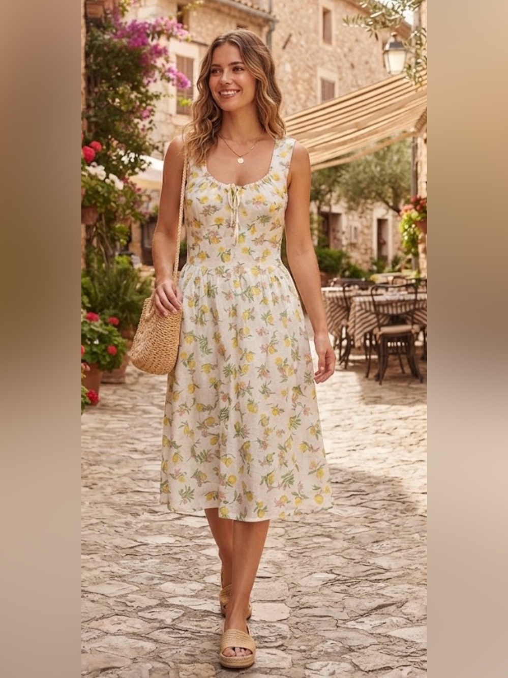 Jessica Simpson Lemon Print Midi Dress Size M Cottagecore Sundress